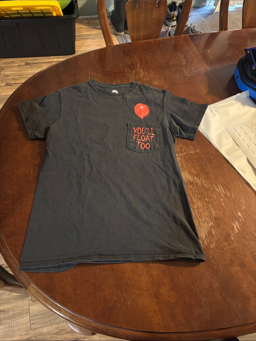 Graphic Image Black Short Sleeve Tee with Red Balloon Pocket